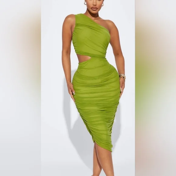 Fashion Nova Lime Green One-Shoulder Cutout Ruched Midi Dress - Picture 1 of 6